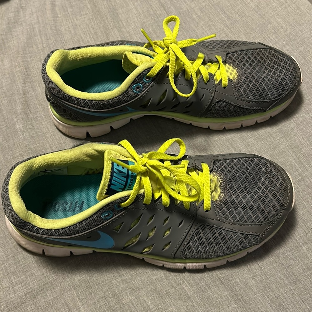 Gray, neon yellow, and light blue Nike Shoes